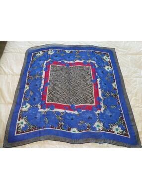 Vtg Style Floral Polka Dot Square Scarf Royal Blue Red White Black Light K3